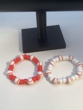 Handmade Baseball Bead Bracelet Set - Red & White
